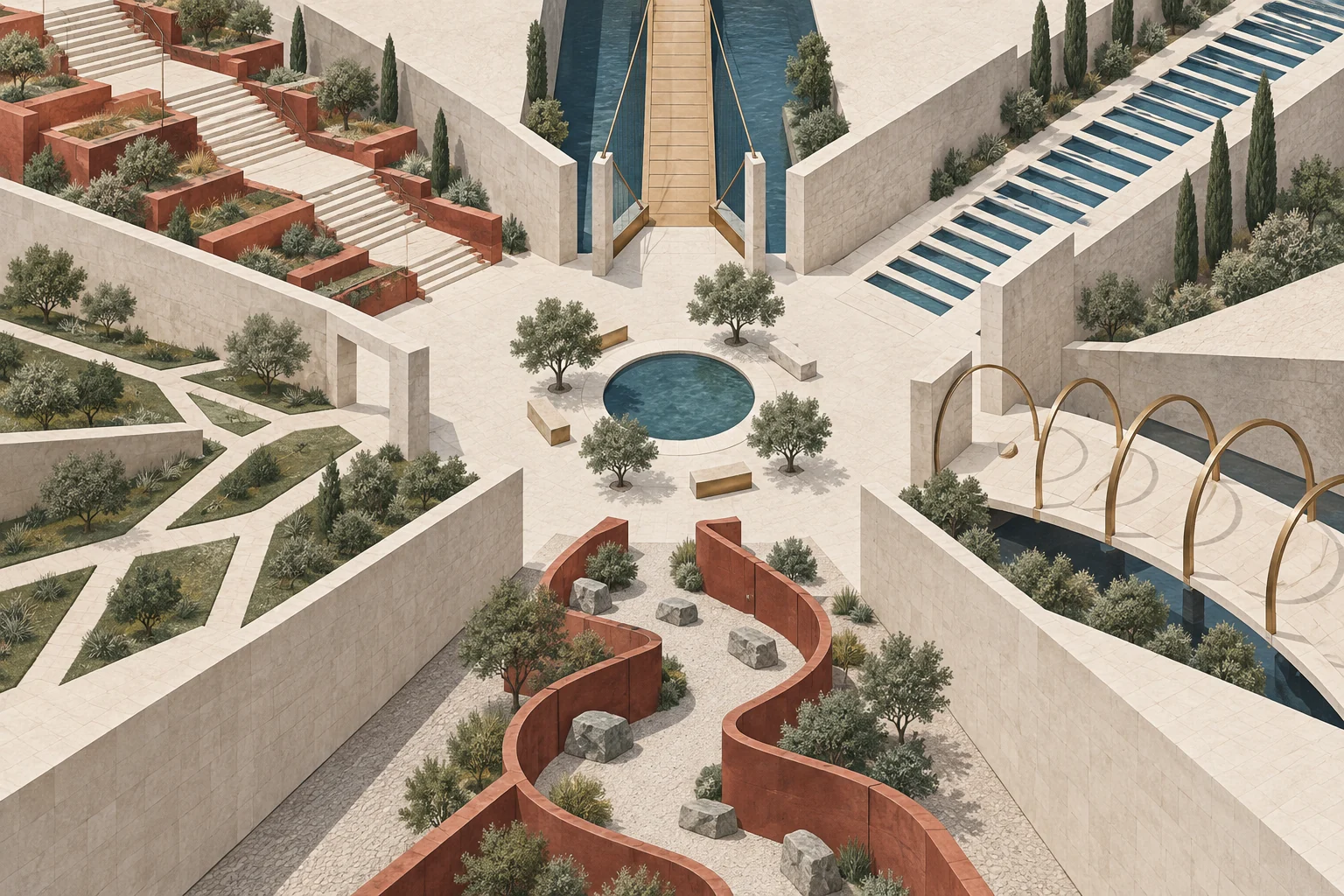 Six abstract paths arriving at a shared limestone courtyard