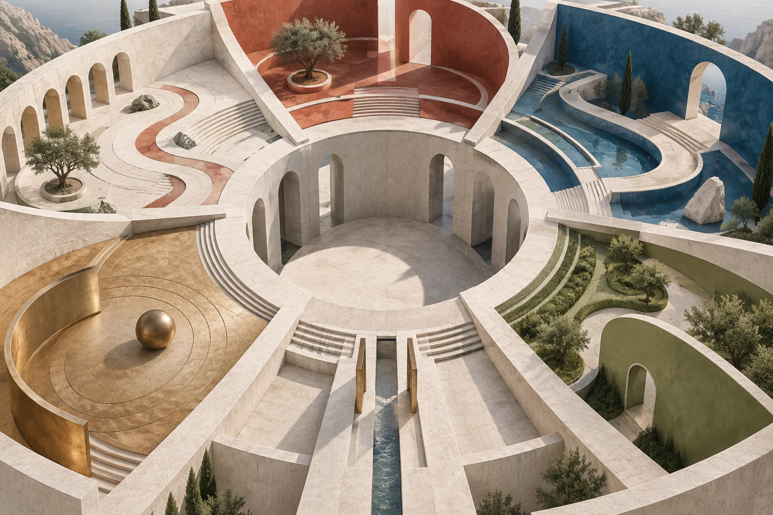Abstract limestone arena with six colored sectors and curved paths